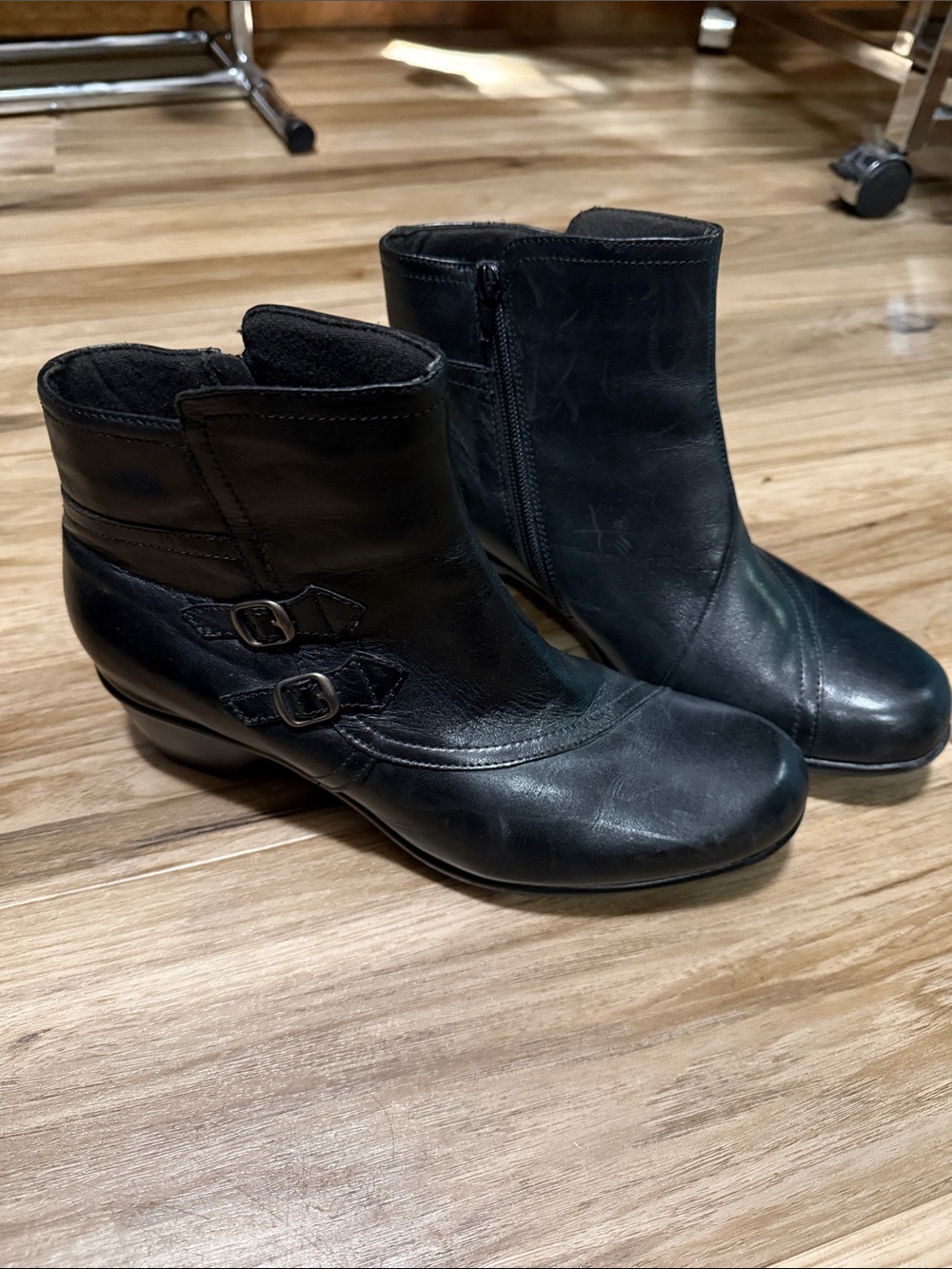 Clarks Black Leather Ankle Booties with Double Buckle Detail